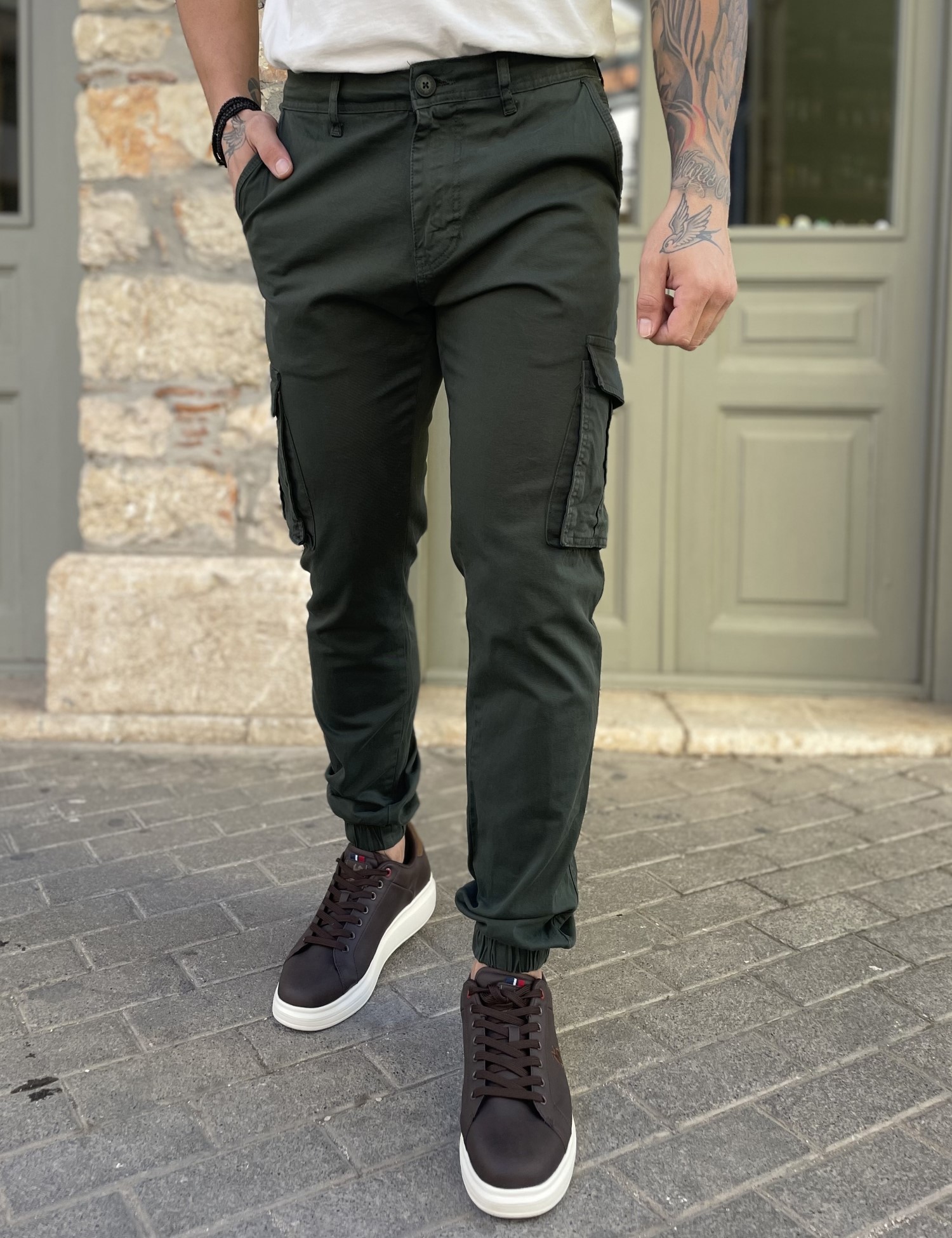 Ανδρικό χακί υφασμάτινο cargo παντελόνι 210922J